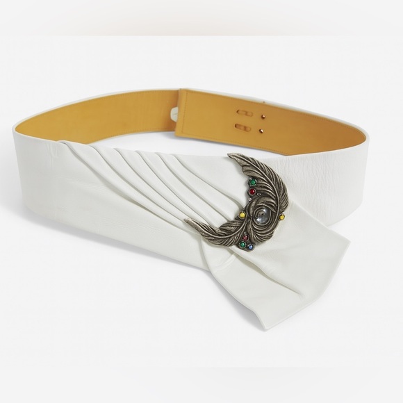 Vintage 80s Stefanie Kushner White Leather Belt Jeweled Feather Buckle Size S - Picture 2 of 16